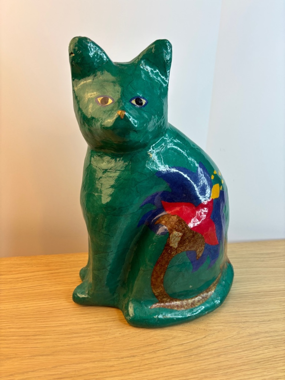 Hand-Painted Thai Green Paper Mache Decorative Cat Statue - Artistic Accent